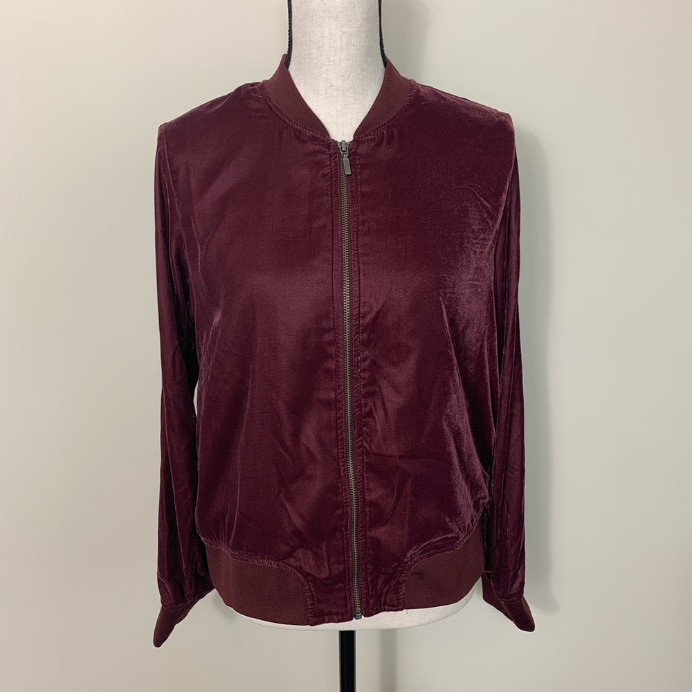 ANA Fuzzy Burgandy Velvet Bomber Jacket full zip L